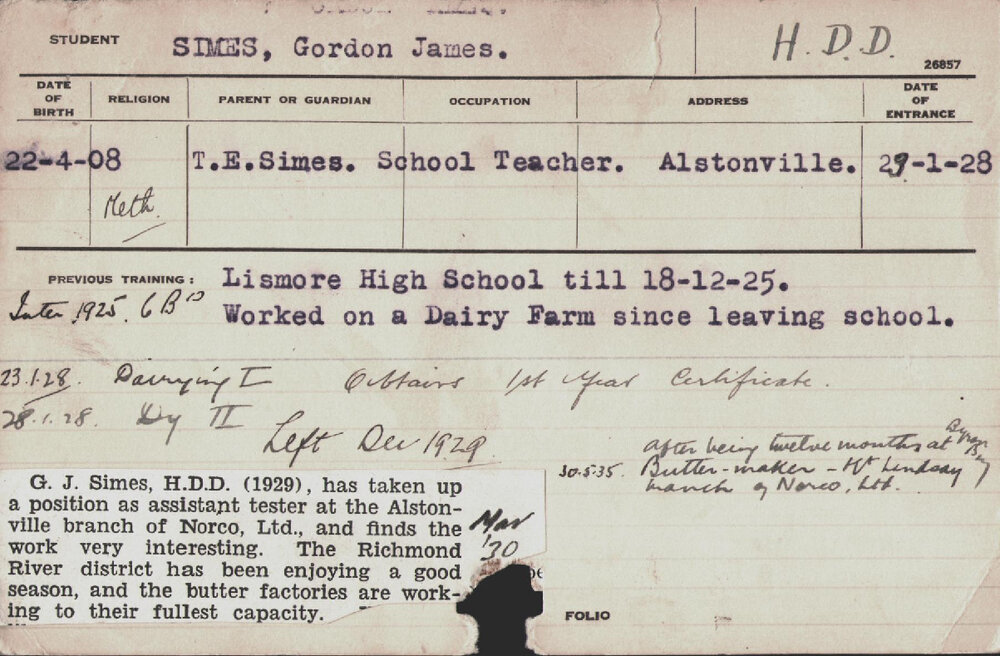 SIMES, Gordon James (Hawkesbury Diploma in Dairy (HDD))