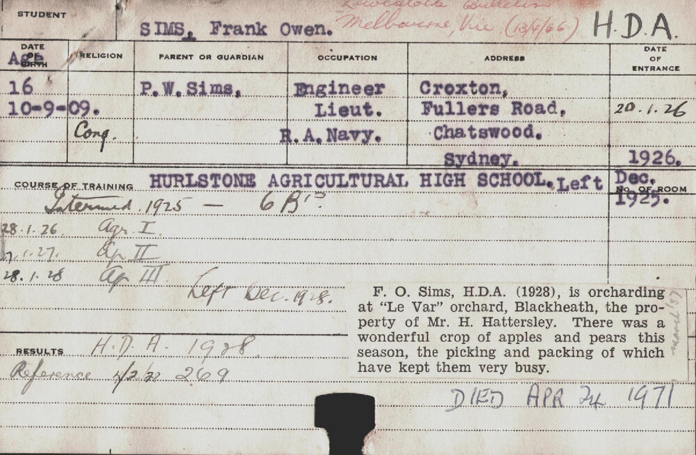 SIMS, Frank Owen (Hawkesbury Diploma of Agriculture (HDA))