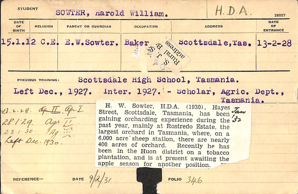 Sowter, Harold William (Hawkesbury Diploma of Agriculture (HDA))