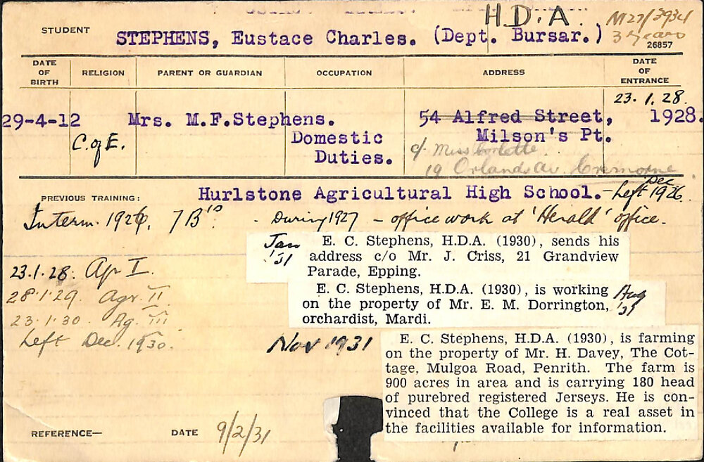 Stephens, Eustace Charles (Hawkesbury Diploma of Agriculture (HDA))