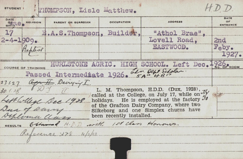 Thompson, Lisle Matthew (Hawkesbury Diploma in Dairy (HDD))
