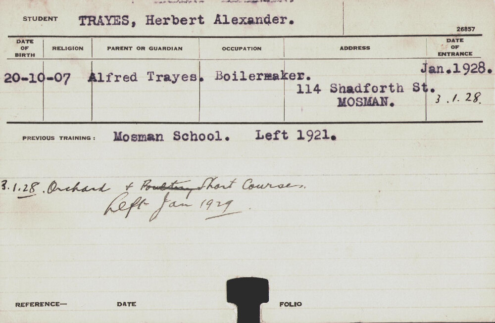 Trayes, Herbert Alexander (Short Course - Orchard)