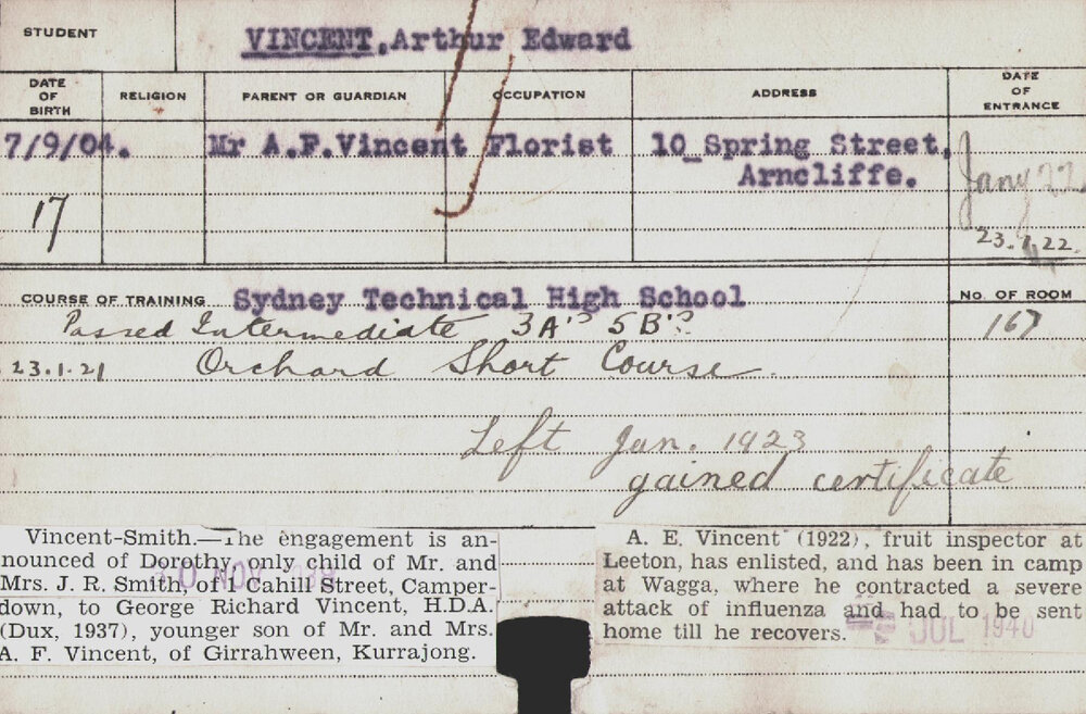 Vincent, Arthur Edward (Short Course - Orchard)