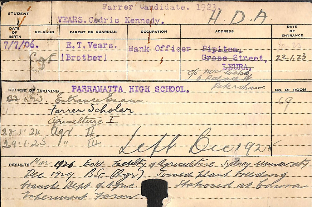 Vears, Cedric Kennedy (Hawkesbury Diploma of Agriculture (HDA))