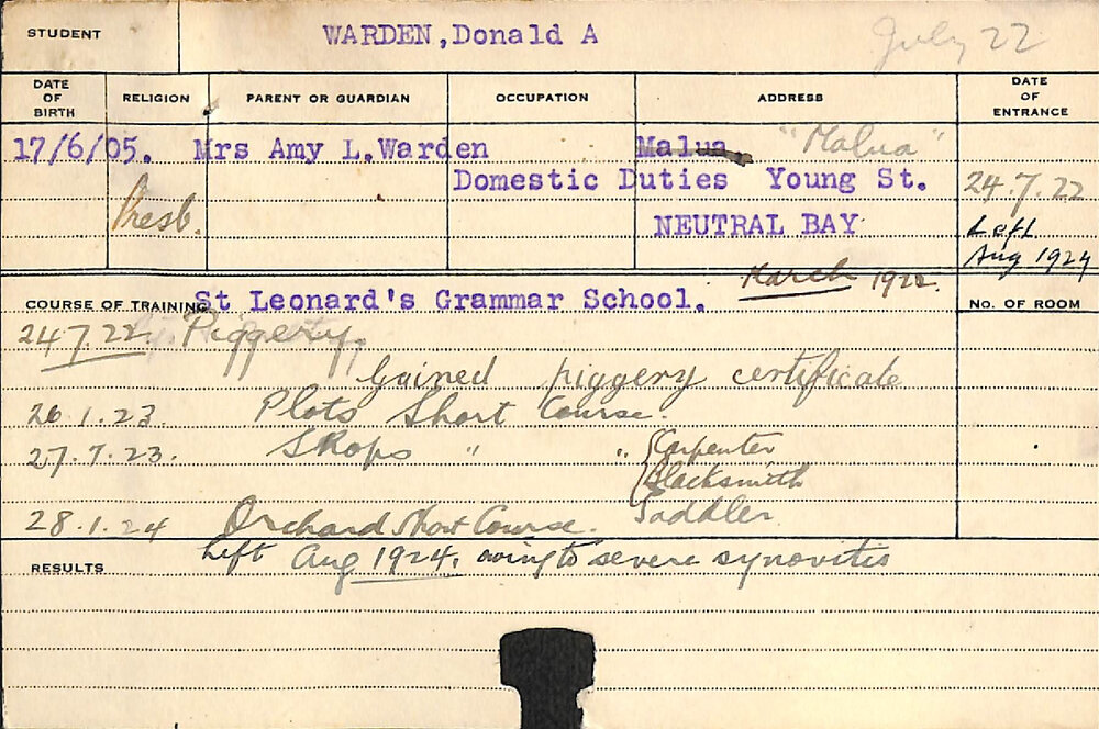 Warden, Donald A (Certificate - Piggery, Short Course - Plots, Shops, Carpenter, Blacksmith, Saddler &amp; Orchard)