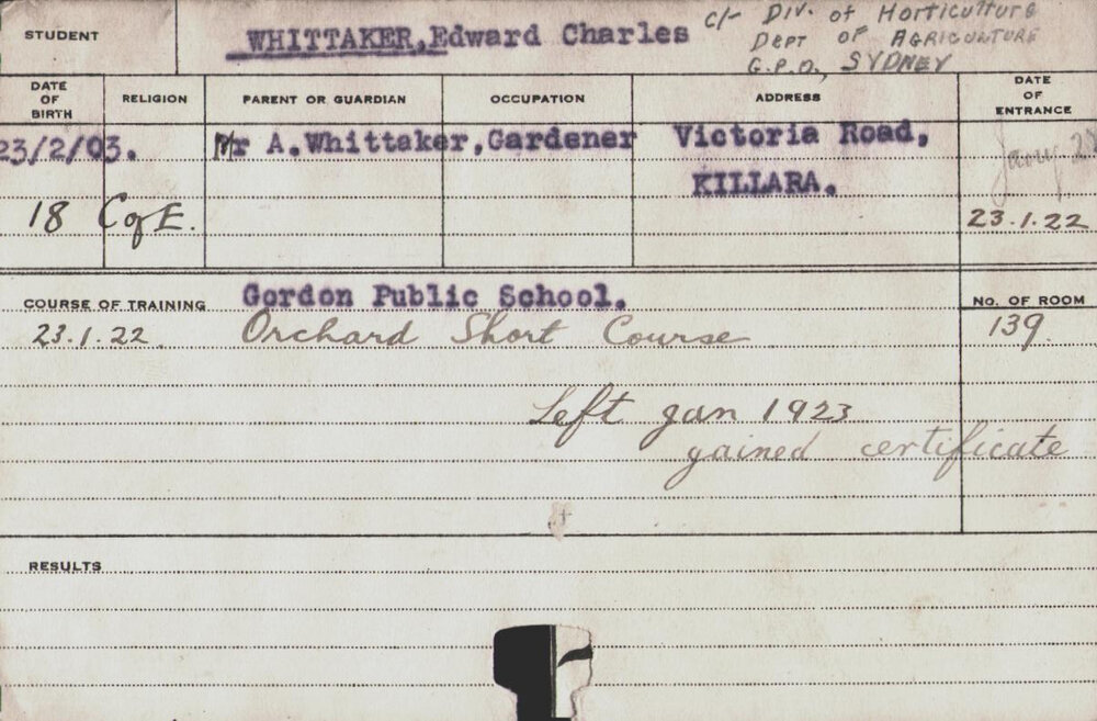 Whittaker, Edward Charles (Short Course - Orchard)