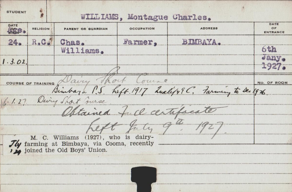 Williams, Montague Charles (Short Course - Dairy)