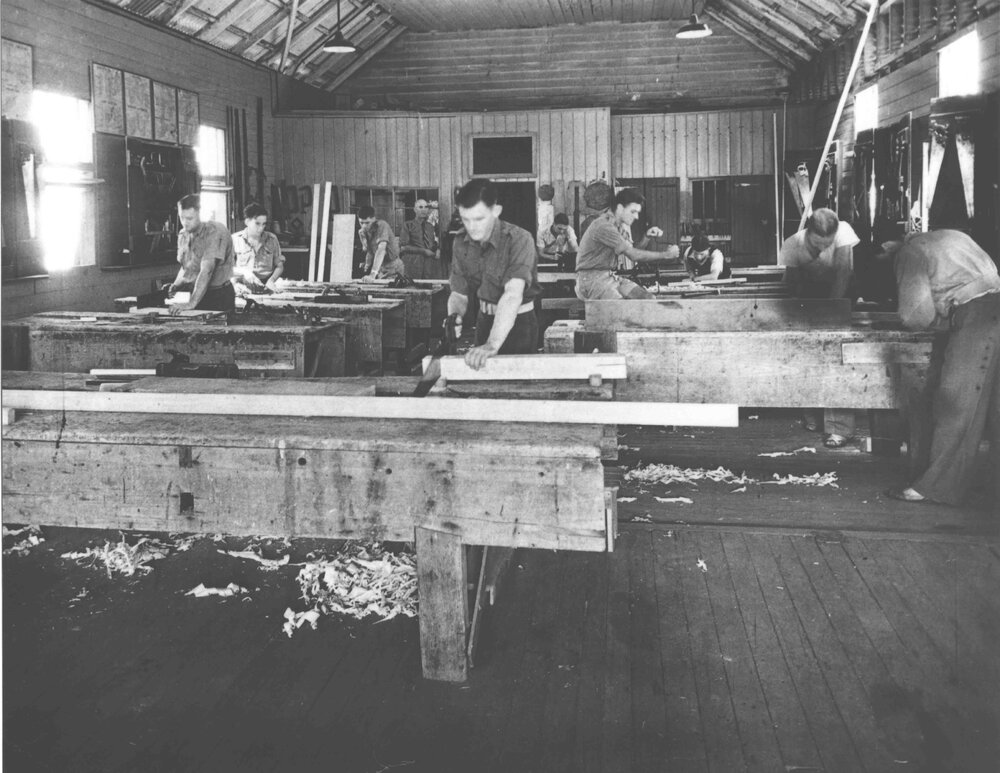 Carpenter's Shop (interior) - Students working at benches [Hawkesbury Agricultural College (HAC)]