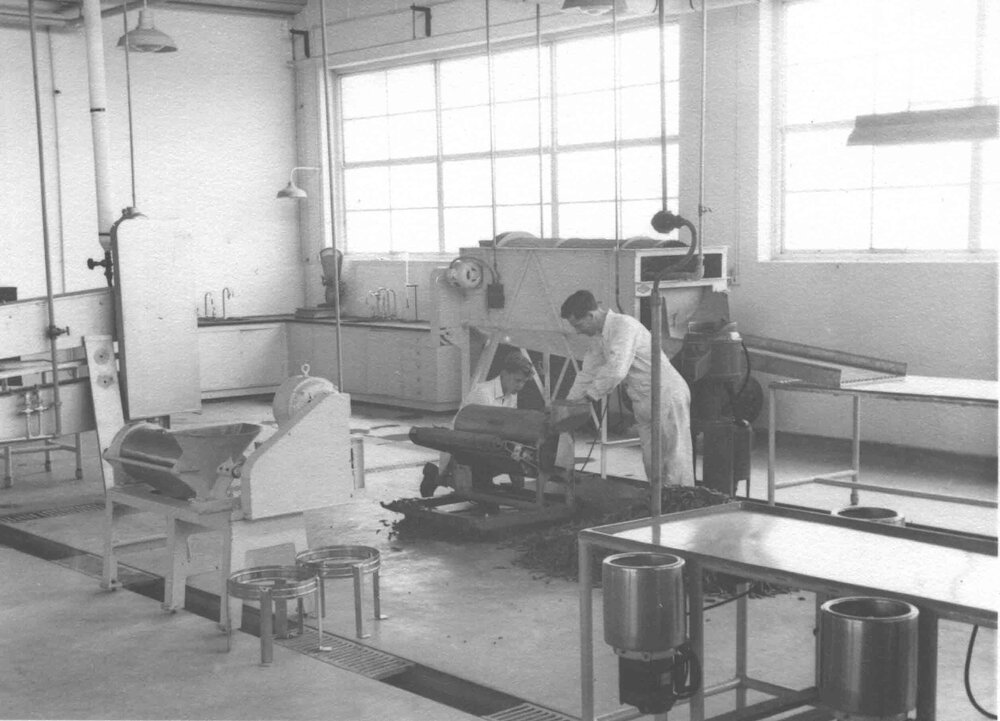 Cannery Building (interior): Two students in overalls working on machinery [Hawkesbury Agricultural College (HAC)]