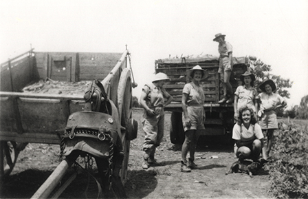 Women's Land Army: Farming activities (print 02 of 12) - Six women in front of a loaded cart, an empty cart to the left [Hawkesbury Agricultural College (HAC)]