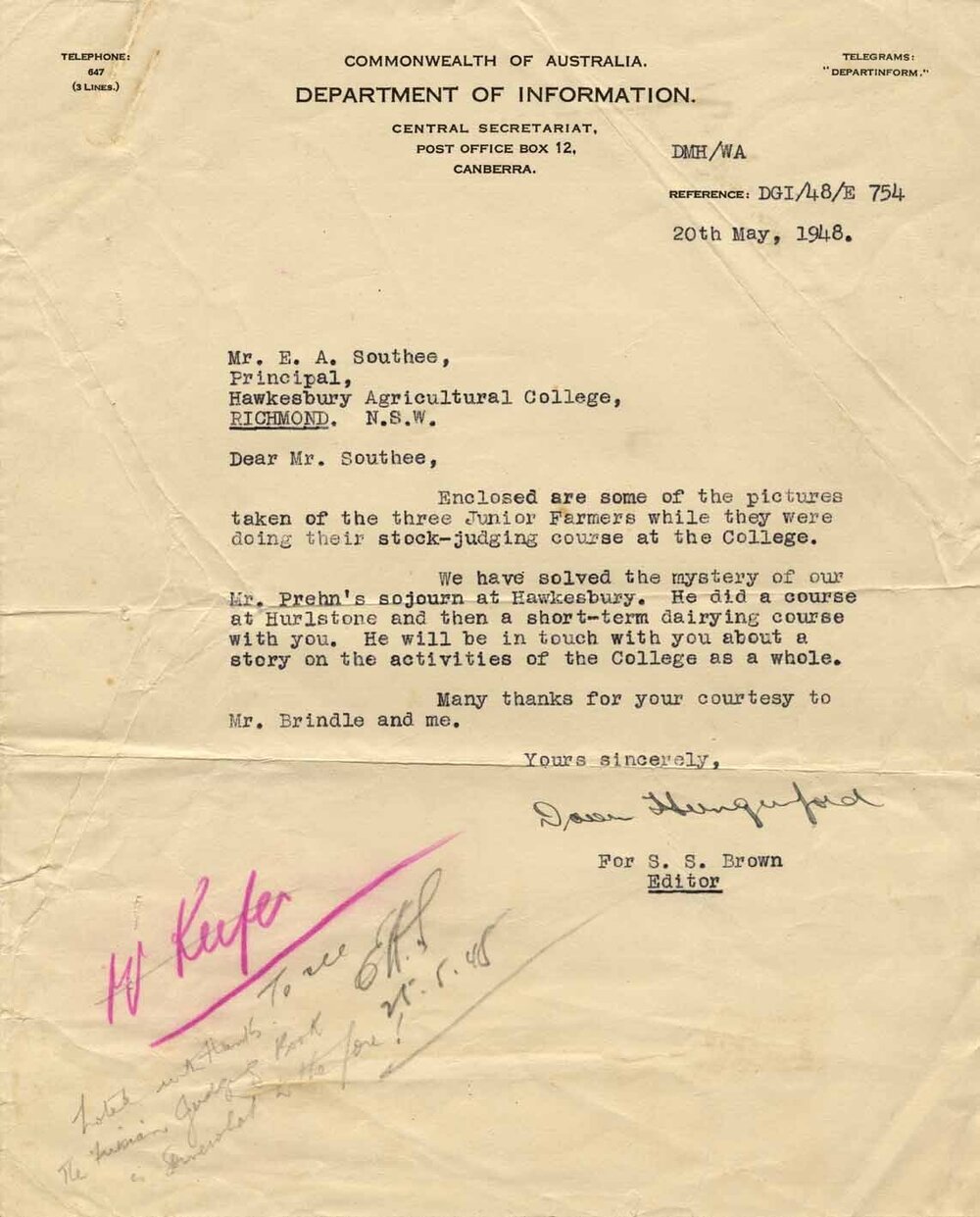 A letter sent to EA Southee (Principal) from S.S. Brown regarding stock judging at the British Royal Agricultural Society's Show at York where HAC trained farmers competed [Hawkesbury Agricultural College (HAC)]