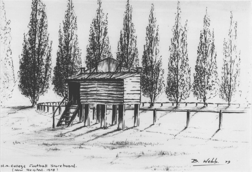 Print - Sketch by Brian Webb (1 of 5) - HAC Football scoreboard (re-sited 1978) [Hawkesbury Agricultural College (HAC)]
