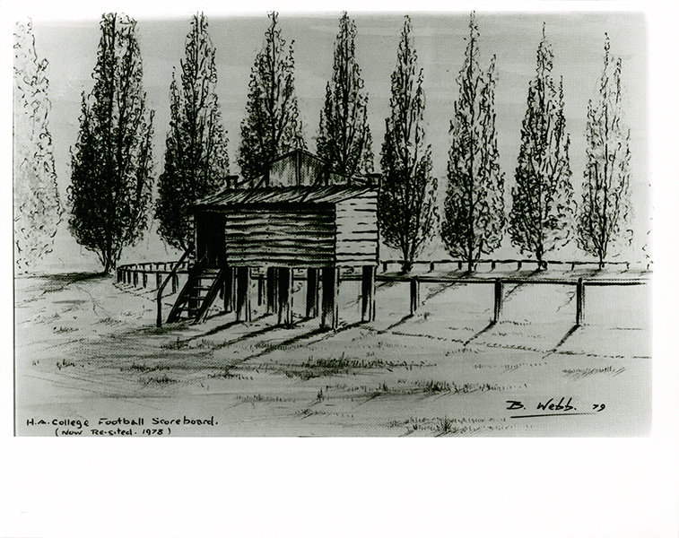Print - Sketch by Brian Webb (1 of 5) - HAC Football scoreboard (re-sited 1978) [Hawkesbury Agricultural College (HAC)]