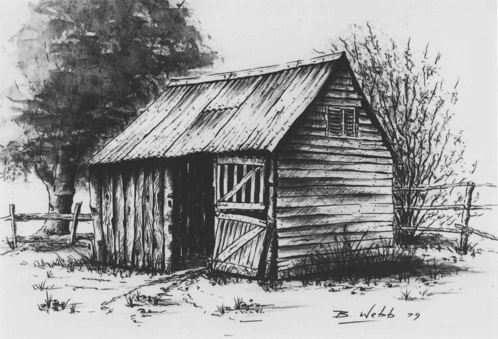 Print - Sketch by Brian Webb (4 of 5) - Old building (unidentified) [Hawkesbury Agricultural College (HAC)]