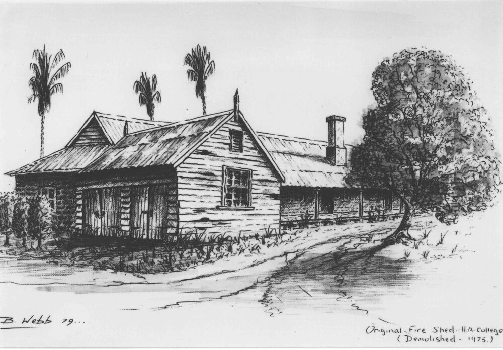 Print - Sketch by Brian Webb (2 of 5) - Original Fire Shed (demolished 1975) [Hawkesbury Agricultural College (HAC)]