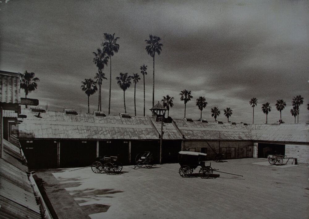Board mounted image of inside Stable Square with 5 horse-drawn carts [Hawkesbury Agricultural College (HAC)]