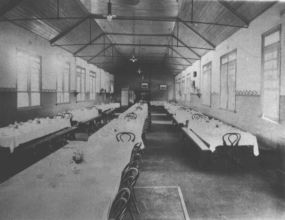 Dining Hall (interior) - tables set for dinner (no people) [Hawkesbury Agricultural College (HAC)]