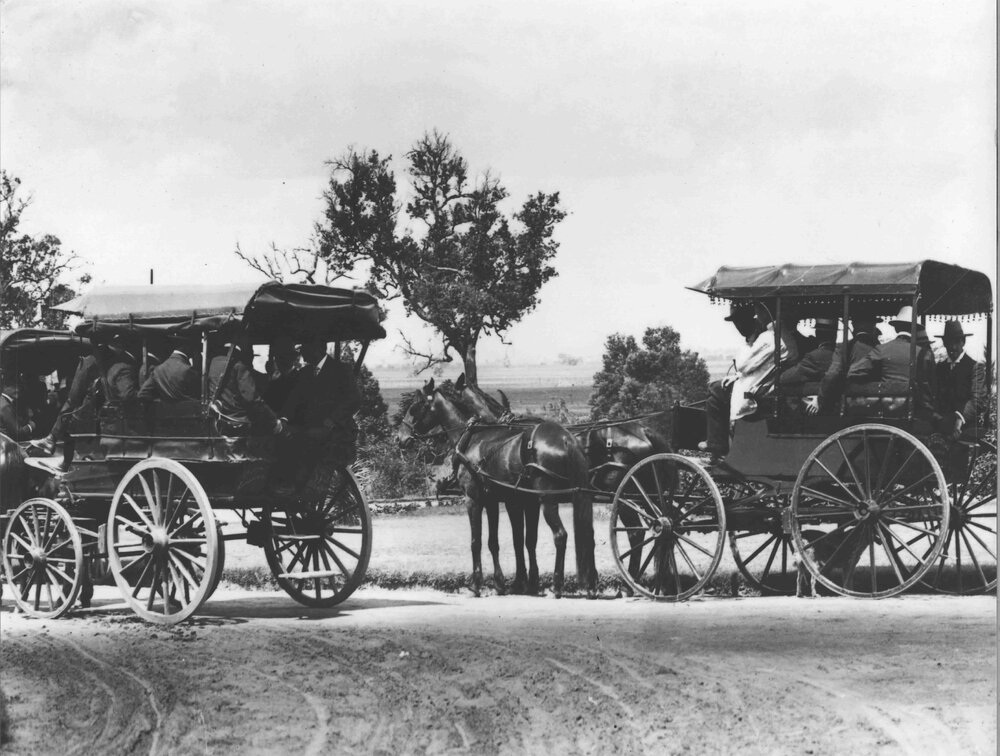 Hired drags with visitors on unsealed circular drive (Fairy Circle) outside the Main Building [Hawkesbury Agricultural College (HAC)]
