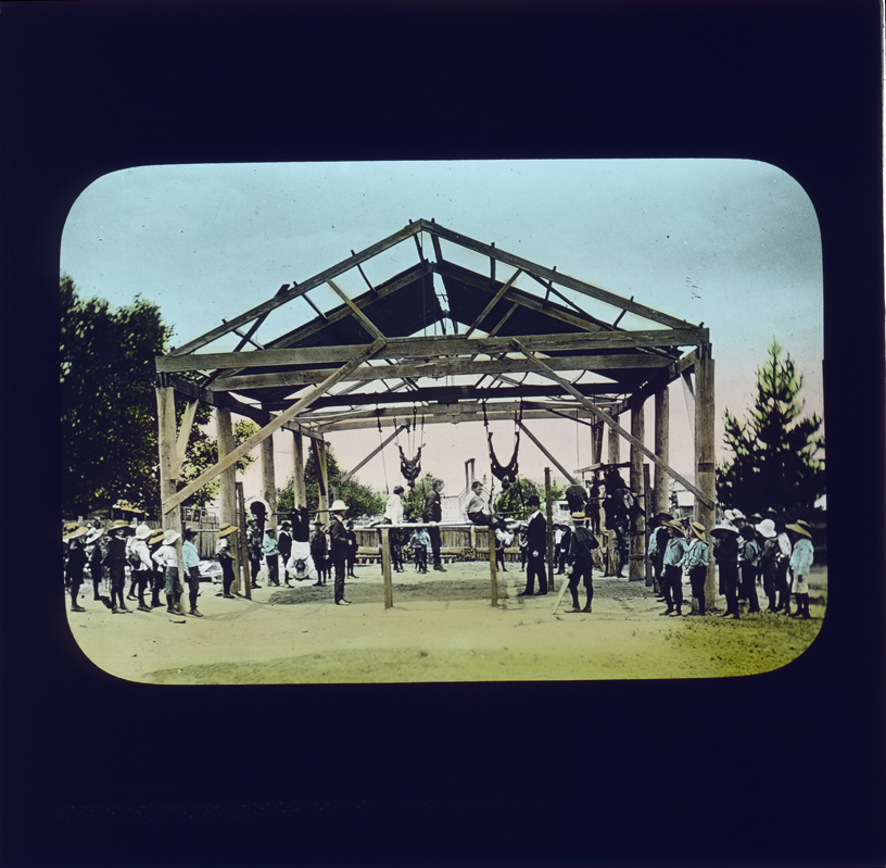 School students exercising in open air gymnasium [Hawkesbury Agricultural College (HAC)]