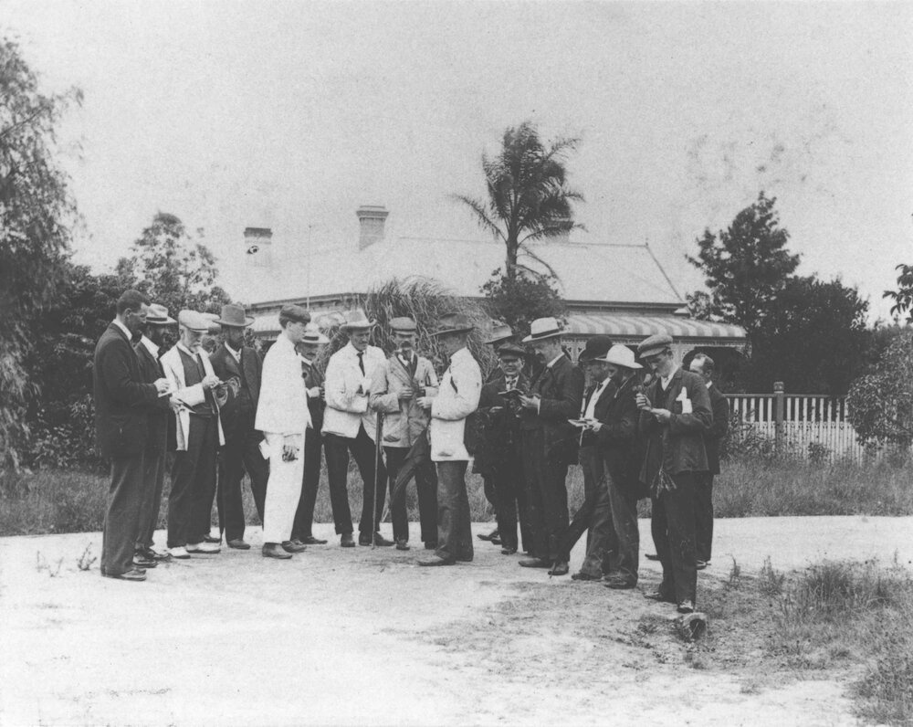 Student farmers observing and taking notes at a lecture outside Yarramundi House [Hawkesbury Agricultural College (HAC)]