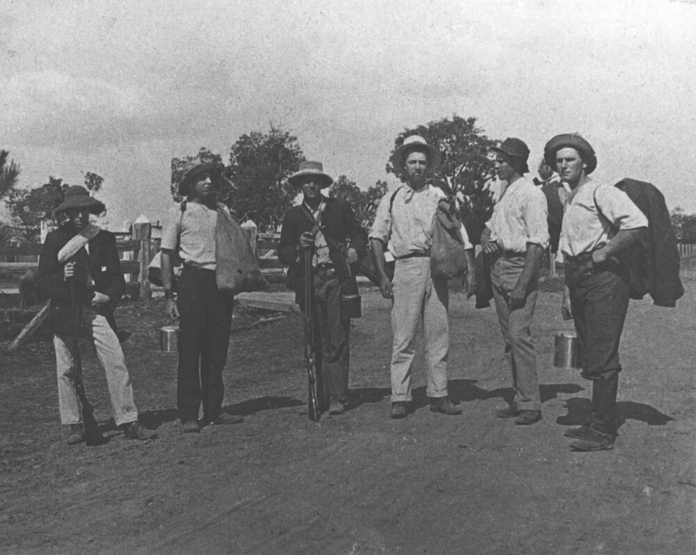Students - Carrying rucksacks, billies, and guns (three with pipes) [Hawkesbury Agricultural College (HAC)]