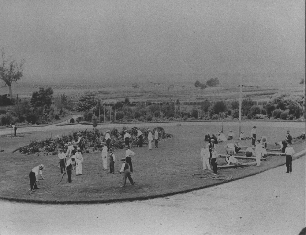 Students scything front lawn under instruction [Hawkesbury Agricultural College (HAC)]