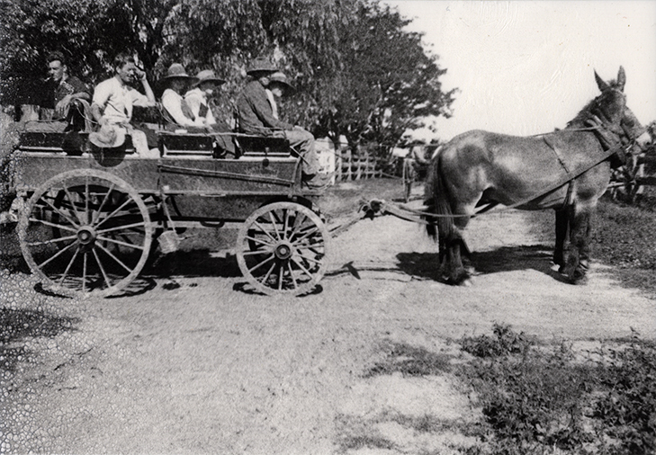 Students sitting in a wagon drawn by two-mule team [Hawkesbury Agricultural College (HAC)]