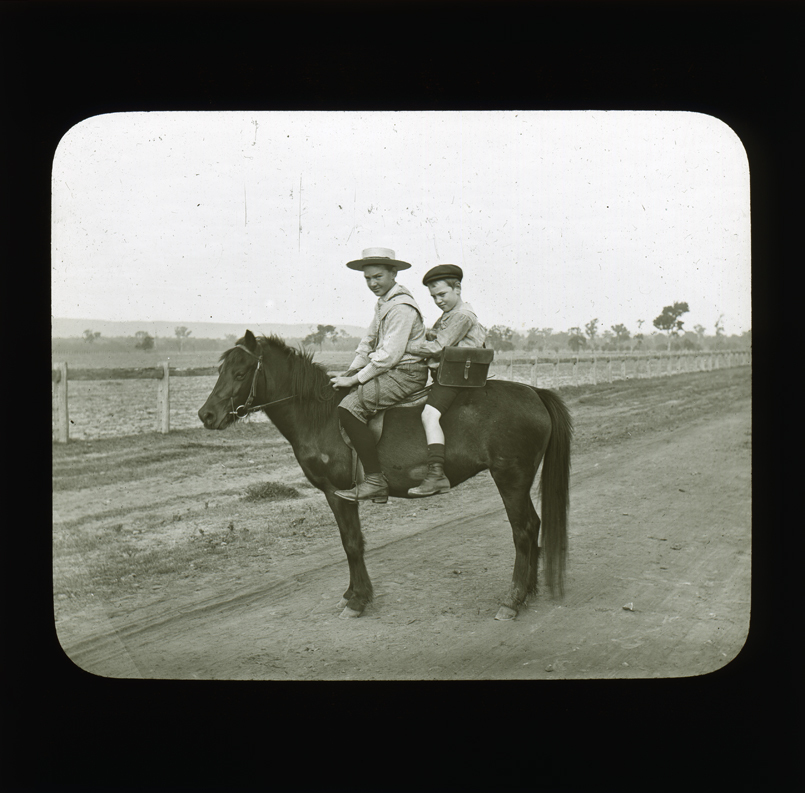 Two school boys on a pony [Hawkesbury Agricultural College (HAC)]