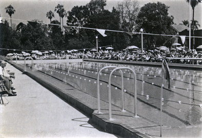 Olympic Swimming Pool - Large crowd seated around the pool [Hawkesbury Agricultural College (HAC)]