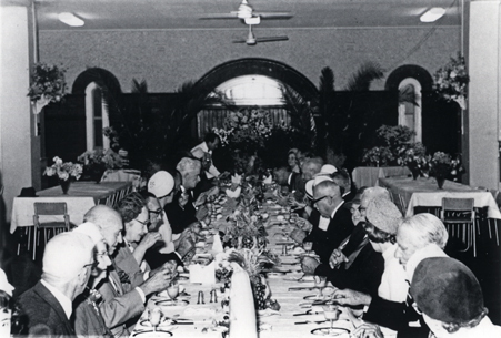 Diploma Day, 1968 - Dining Hall (print 1 of 5) - Visitors seated at the main dining table eating lunch [Hawkesbury Agricultural College (HAC)]