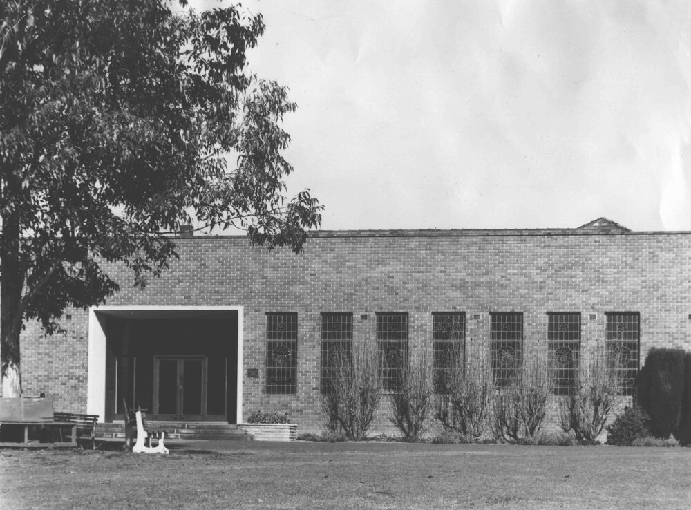 Memorial Library - entrance and seven stained-glass windows [Hawkesbury Agricultural College (HAC)]