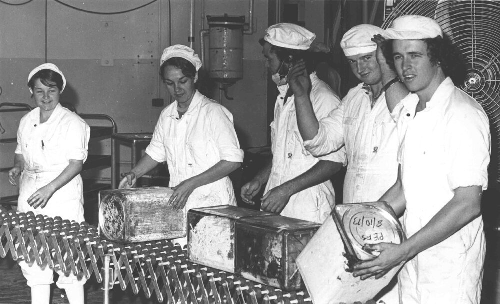 Cannery: Students standing in front of a conveyor belt(?) holding large containers of peas [Hawkesbury Agricultural College (HAC)]