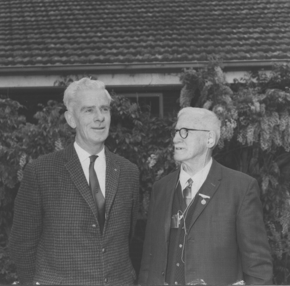 Two men (L to R): Mr Bernard ("Dick") Doman (Principal 1962-71) and Mr E A Southee (Principal 1921-54) (3 of 7) [Hawkesbury Agricultural College (HAC)]