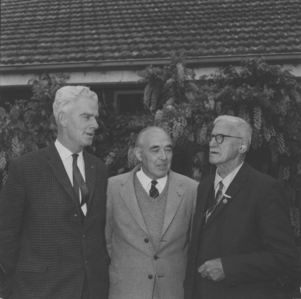 Three men (L to R): Mr Bernard ("Dick") Doman (Principal 1962-71); Mr Alex M Miller (student 1936-37); Mr E A Southee (Principal 1921-54) (4 of 7) [Hawkesbury Agricultural College (HAC)]