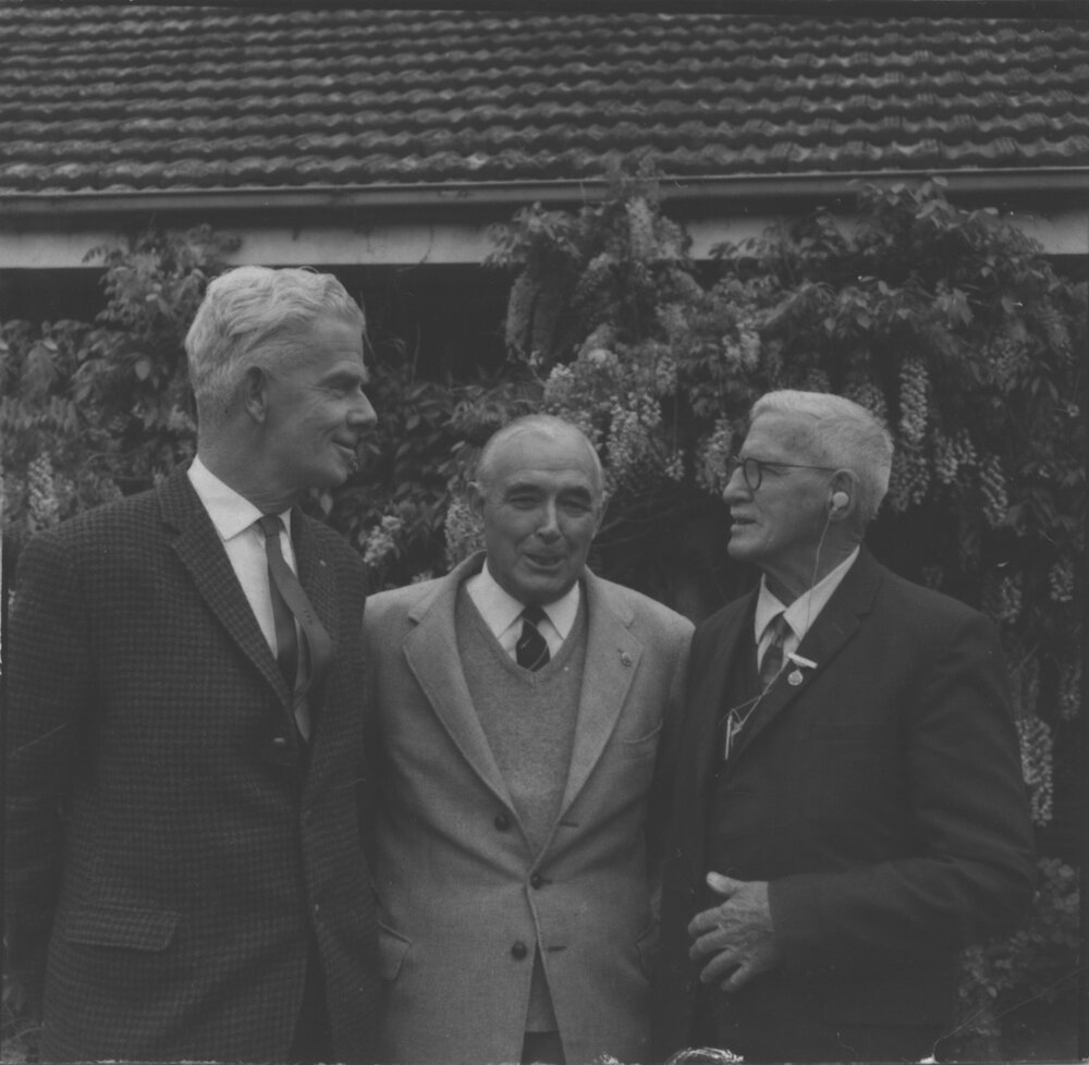 Three men (L to R): Mr Bernard ("Dick") Doman (Principal 1962-71); Mr Alex M Miller (student 1936-37); Mr E A Southee (Principal 1921-54) (6 of 7) [Hawkesbury Agricultural College (HAC)]