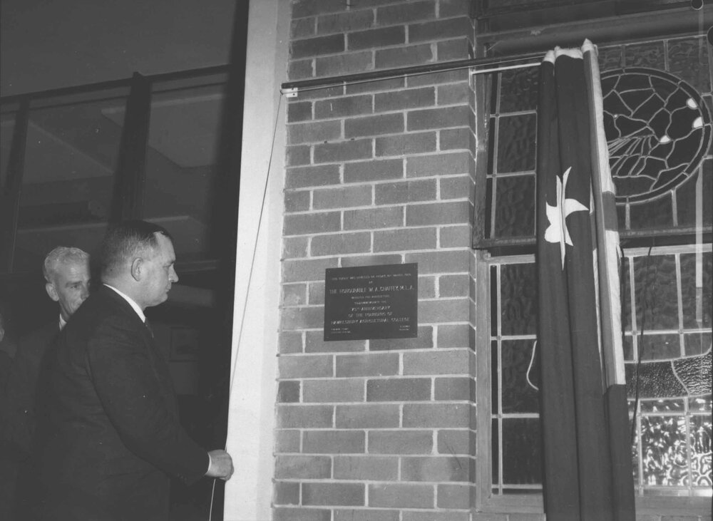 75th Anniversary of the founding of Hawkesbury Agricultural College - Unveiling the plaque (4 of 9) - The Hon. WA Chaffey MLA, Minister for Agriculture [Hawkesbury Agricultural College (HAC)]
