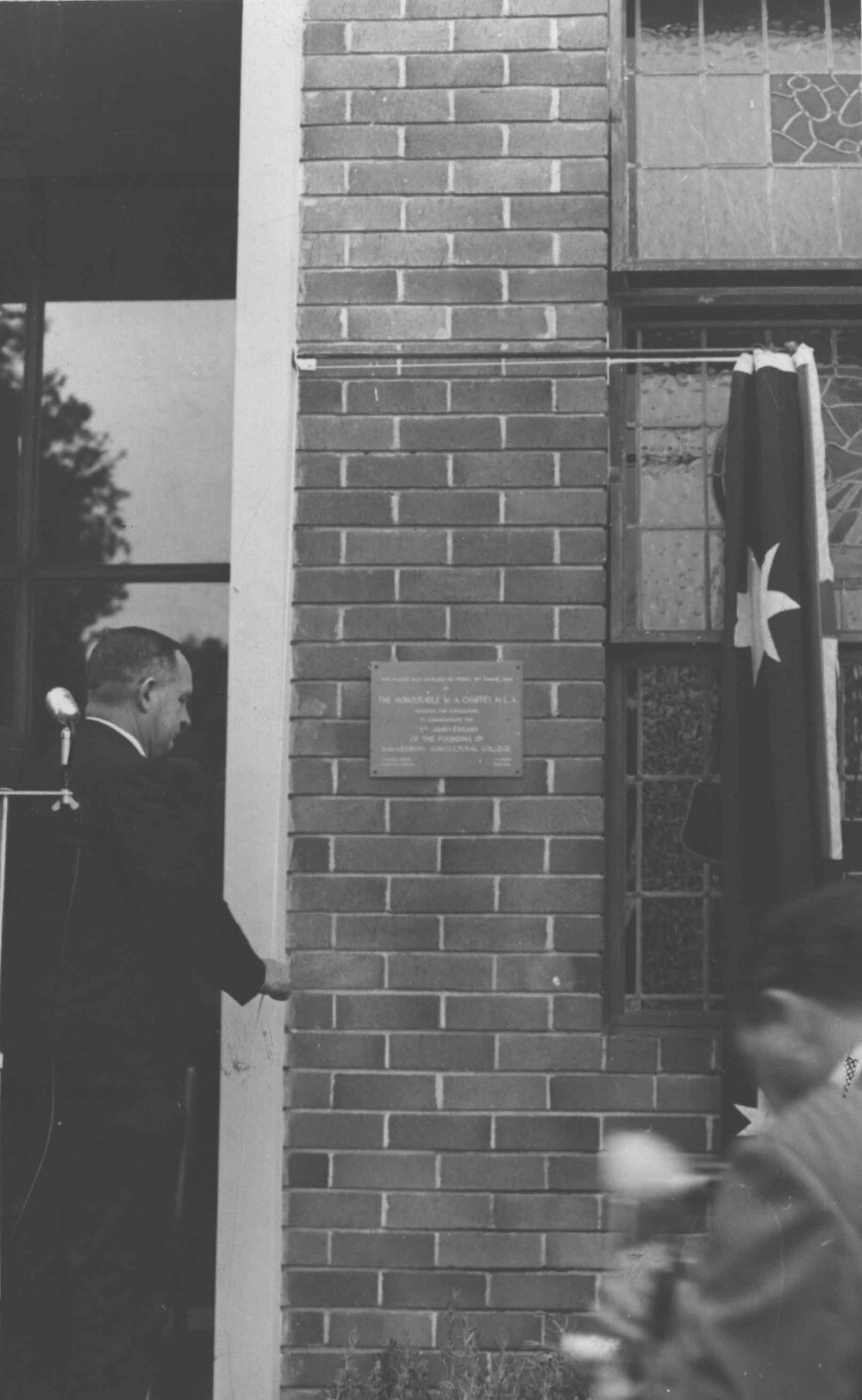 75th Anniversary of the founding of Hawkesbury Agricultural College - Unveiling the plaque (5 of 9) - The Hon. WA Chaffey MLA, Minister for Agriculture [Hawkesbury Agricultural College (HAC)]