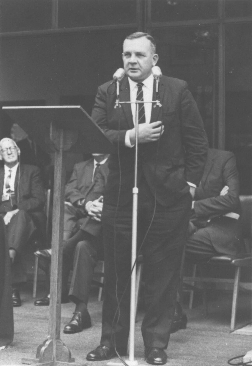 75th Anniversary of the founding of Hawkesbury Agricultural College - Unveiling the plaque (8 of 9) - The Hon. WA Chaffey MLA, Minister for Agriculture at the podium [Hawkesbury Agricultural College (HAC)]