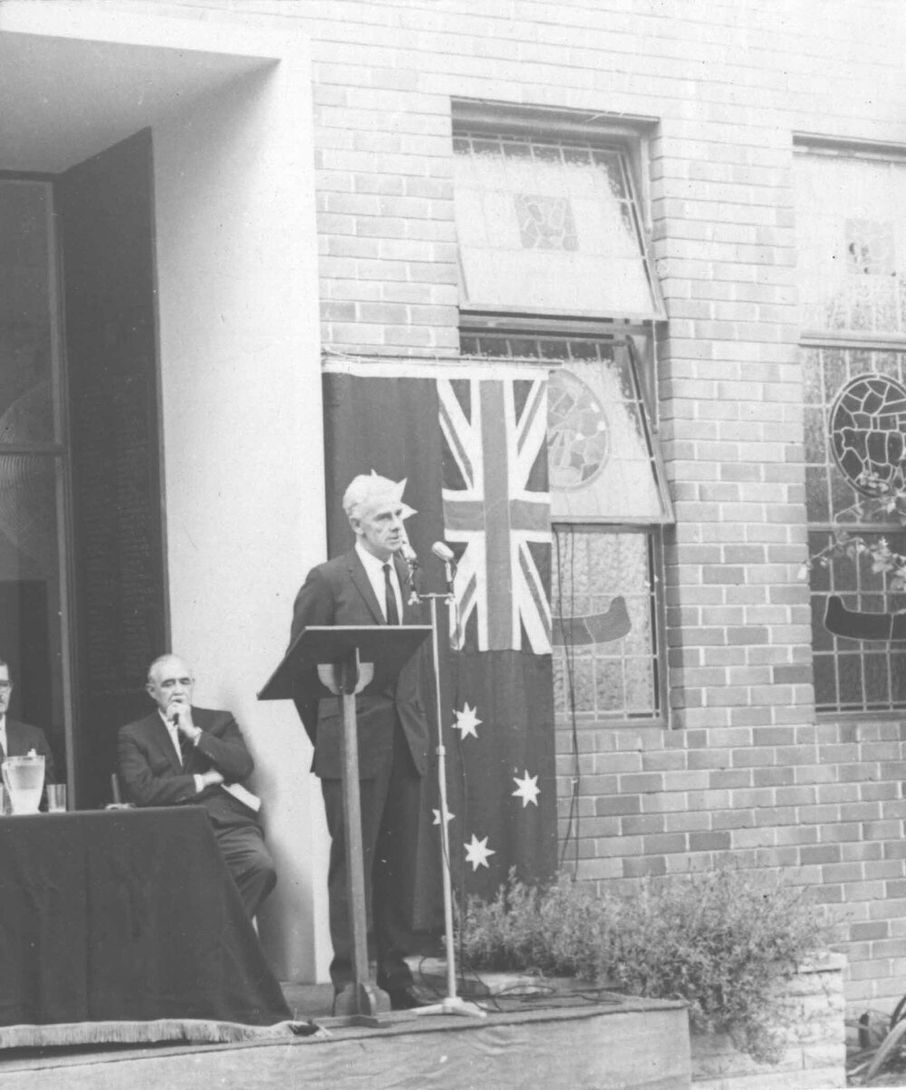 75th Anniversary of the founding of Hawkesbury Agricultural College - Unveiling the plaque (9 of 9) - B Doman (Principal) giving speech from podium [Hawkesbury Agricultural College (HAC)]