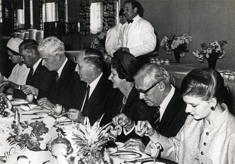 Diploma Day, 1968 - Dining Hall (print 2 of 5) - Visitors seated at the main dining table eating lunch [Hawkesbury Agricultural College (HAC)]
