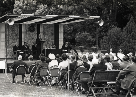 Diploma Day, 1968 - Dignitaries on stage and audience seated (Print 3 of 3) [Hawkesbury Agricultural College (HAC)]