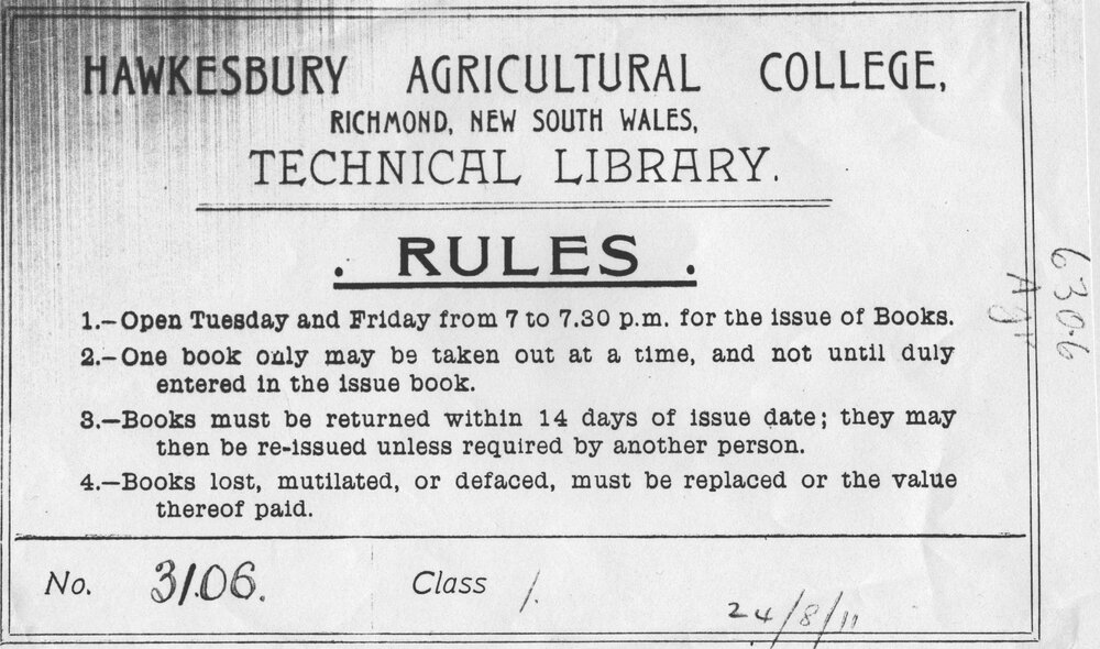 Rules for use of the College Technical Library [Hawkesbury Agricultural College (HAC)]