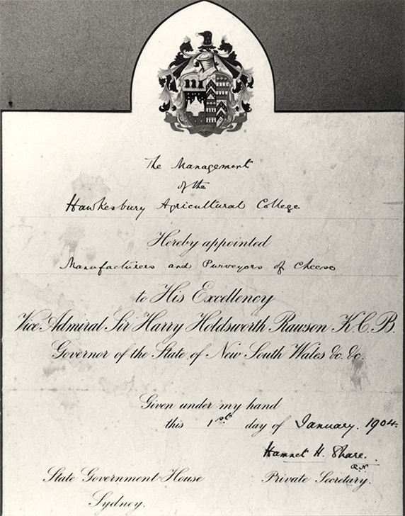 Certificate appointing the College as official purveyors of cheese to the Governor of NSW [Hawkesbury Agricultural College (HAC)]