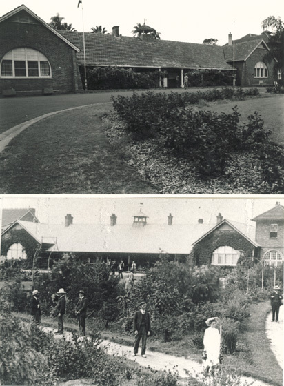 Main Administration Building - Teachers (male and female) walking in the shrubbery around the Fairy Circle [Hawkesbury Agricultural College (HAC)]