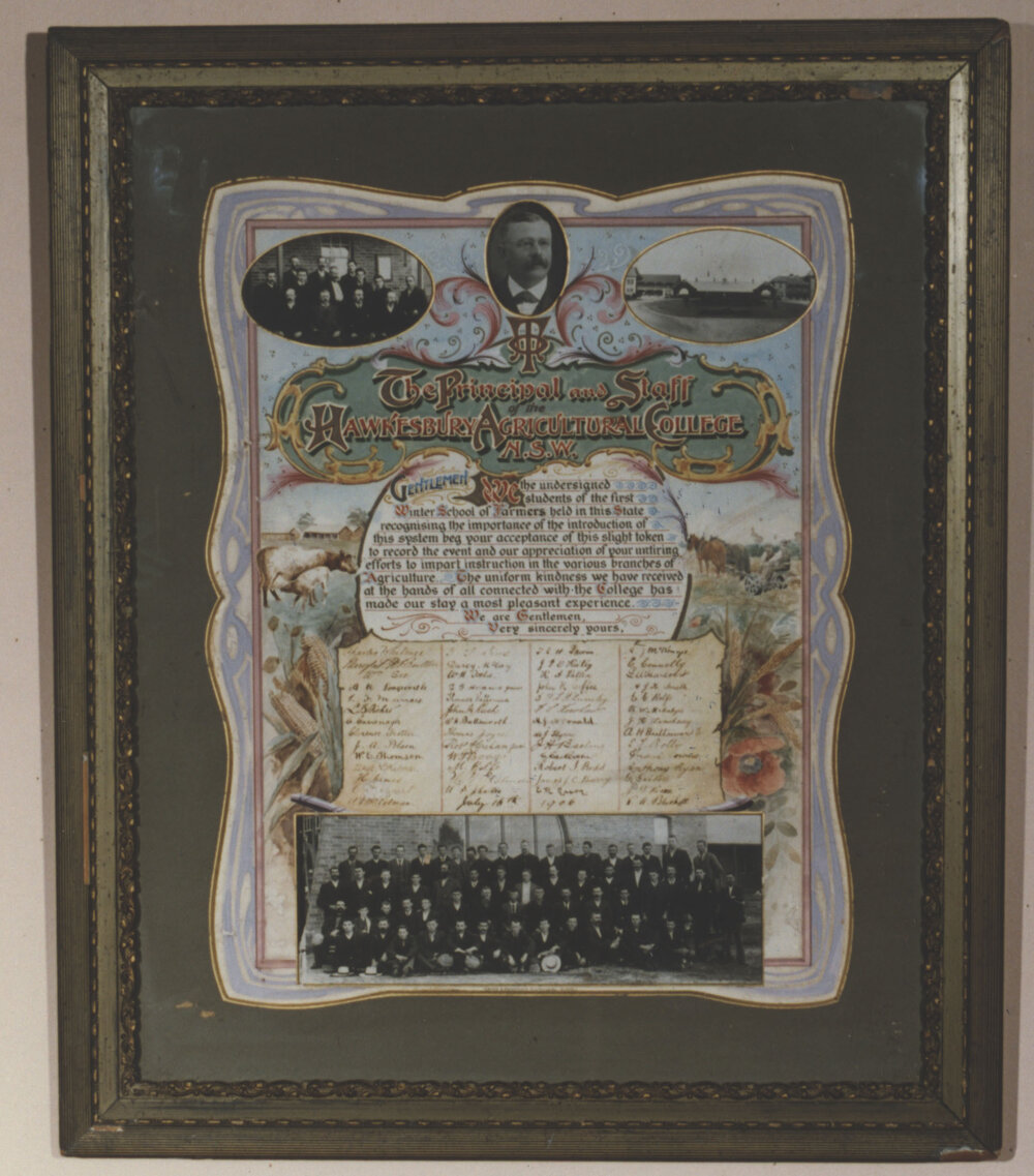 Framed, signed certificate of the first Winter School for farmers held at the College [Hawkesbury Agricultural College (HAC)]
