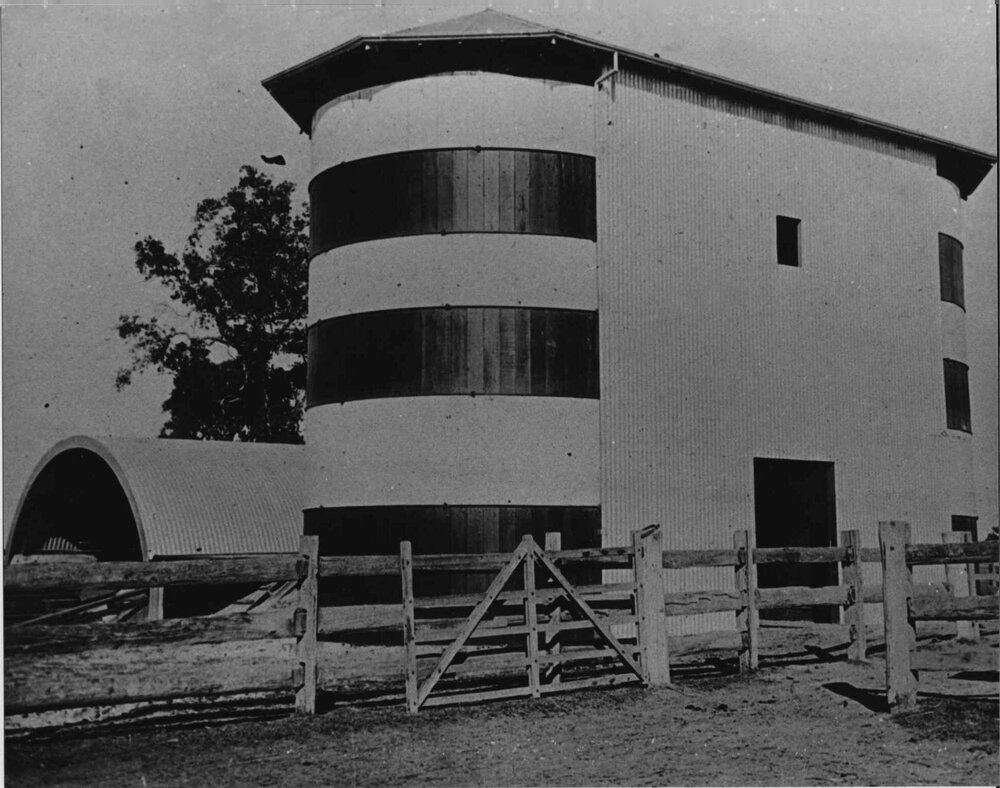 Twin silos with underground silo in background [Hawkesbury Agricultural College (HAC)]