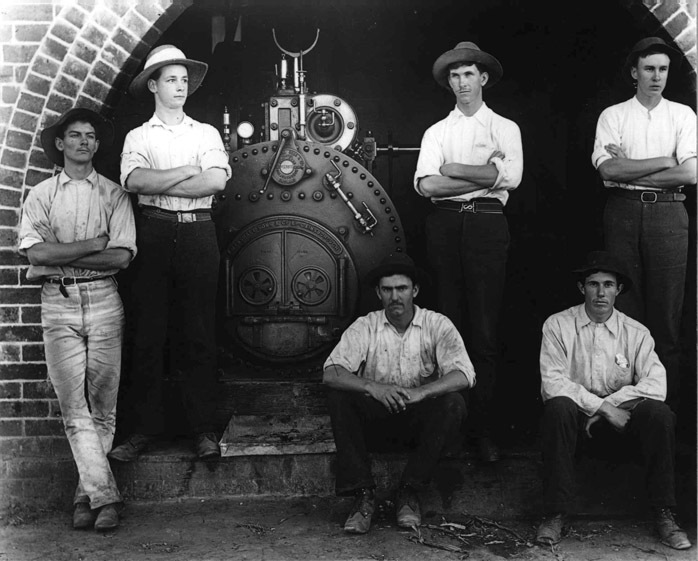 Dairy Factory (interior): Students sitting in front of boiler (Print 1 of 2) [Hawkesbury Agricultural College (HAC)]