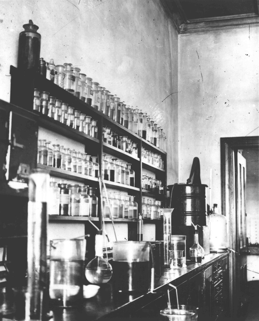 Chemical Laboratory - Bench with various apparatus set up [Hawkesbury Agricultural College (HAC)]