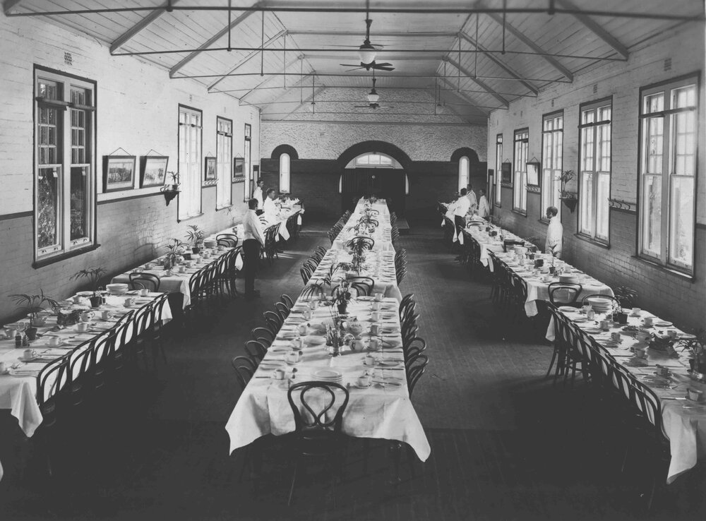 Dining Hall (interior) - tables set and attendants ready (no diners) [Hawkesbury Agricultural College (HAC)]