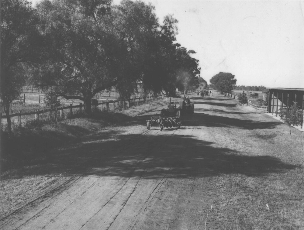 Students driving two early tractors (one pulling machinery) along a dirt road on Campus - a horse team in the background [Hawkesbury Agricultural College (HAC)]